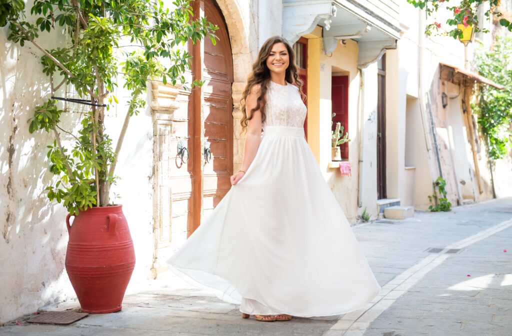 Bride is waving her dress
