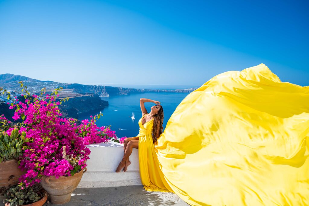 Yellow dress with Aegean Sea view background
