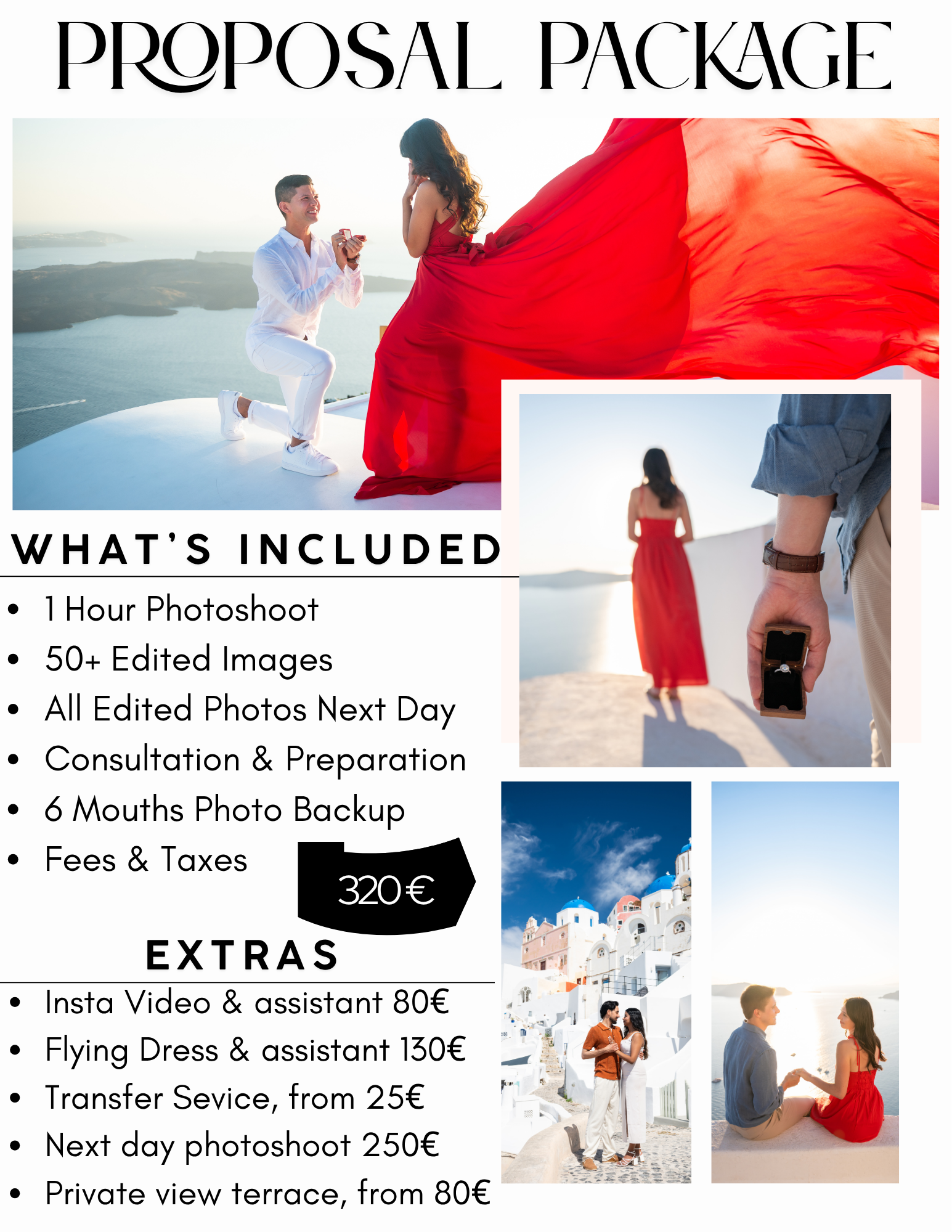 Santorini proposal photoshoot package for €320, including a one-hour session, 50+ edited images delivered next day, consultation, preparation, fees and six-month photo backup